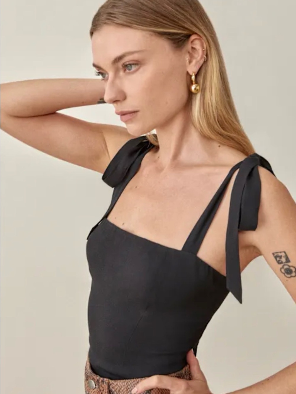 Reformation Black Tie-Shoulder Square Neck  Top